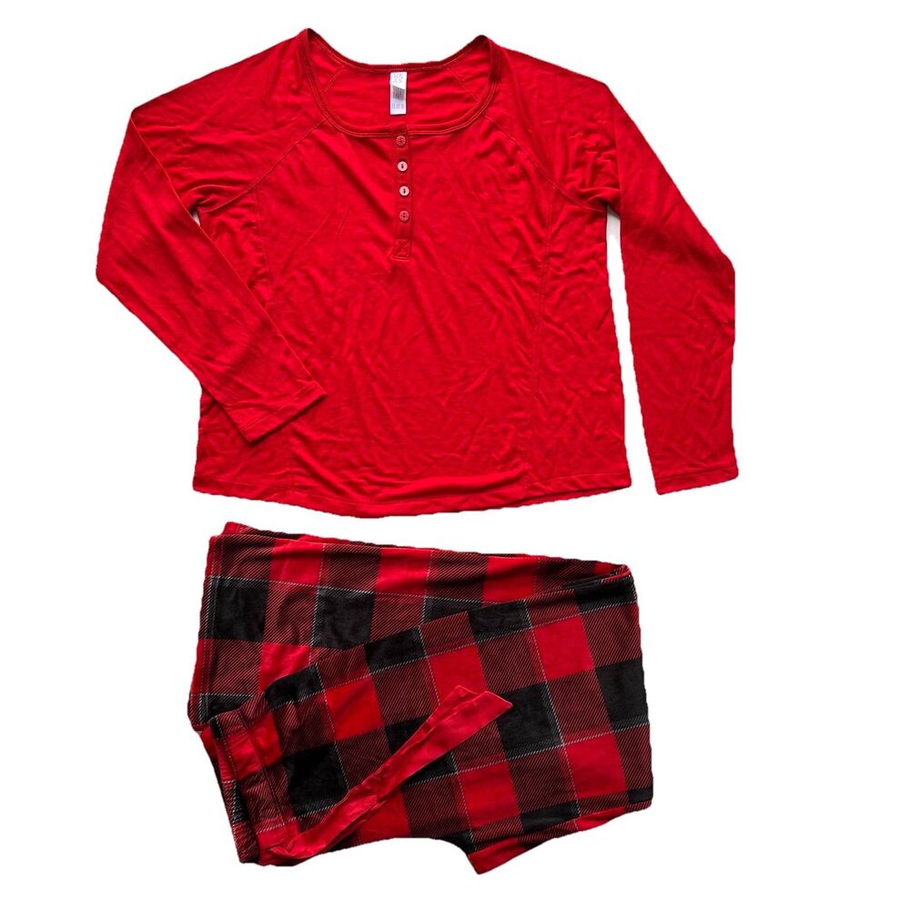 Stars Above 2pc Pajama Set Womens XS Long Sleeve Henley Top & Pants Stretch Red